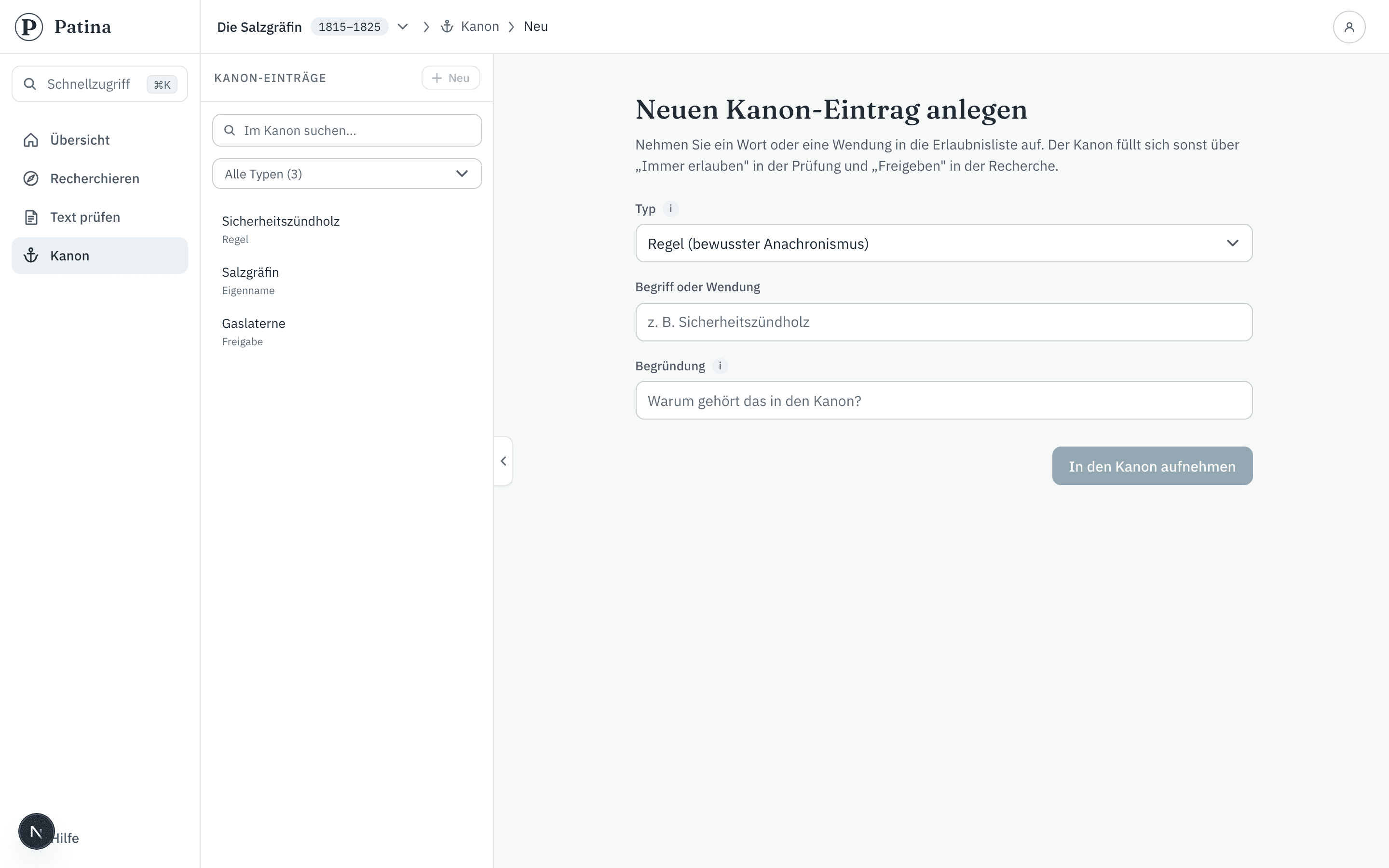 Der Kanon von Patina: die Freigabeliste des Projekts mit Regeln, Eigennamen und erlaubten Wörtern sowie dem Formular für einen neuen Eintrag.